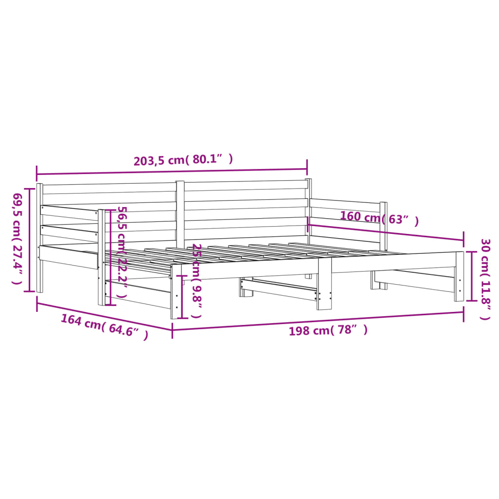 Slaapbank met onderschuifbed 80x200 cm massief grenenhout zwart