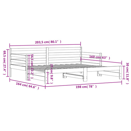 Slaapbank met onderschuifbed 80x200 cm massief grenenhout zwart