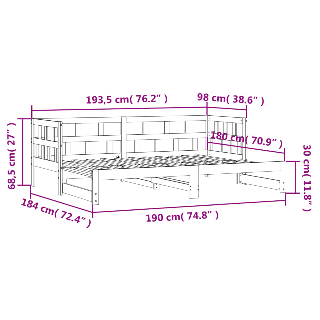 Slaapbank met onderschuifbed 90x190 cm massief grenenhout