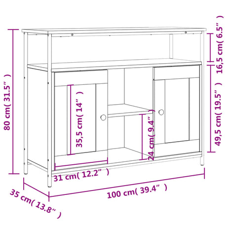 Dressoir 100x35x80 cm bewerkt hout gerookt eikenkleurig