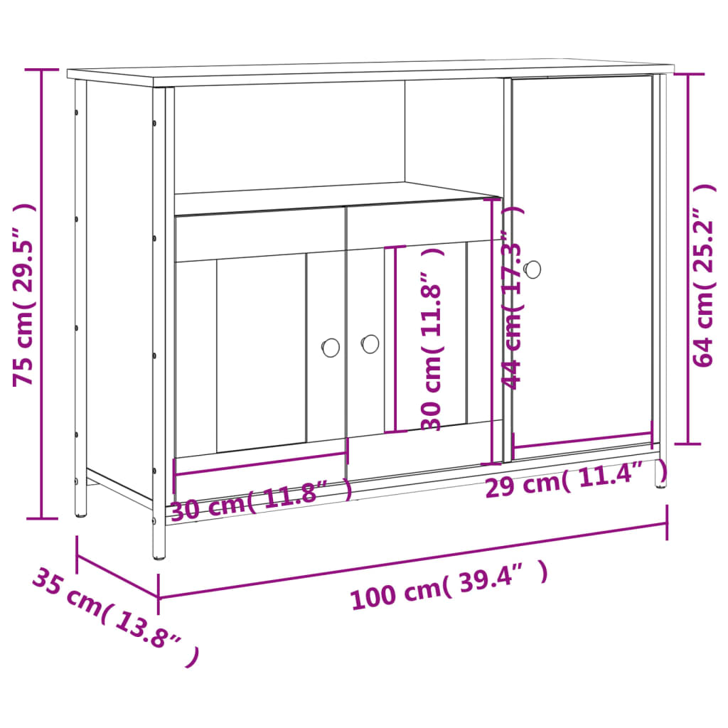 Dressoir 100x35x75 cm bewerkt hout grijs sonoma