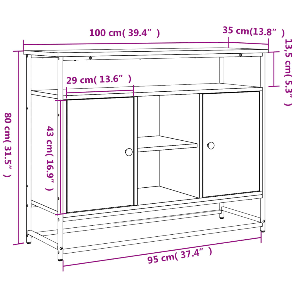 Dressoir 100x35x80 cm bewerkt hout gerookt eikenkleurig