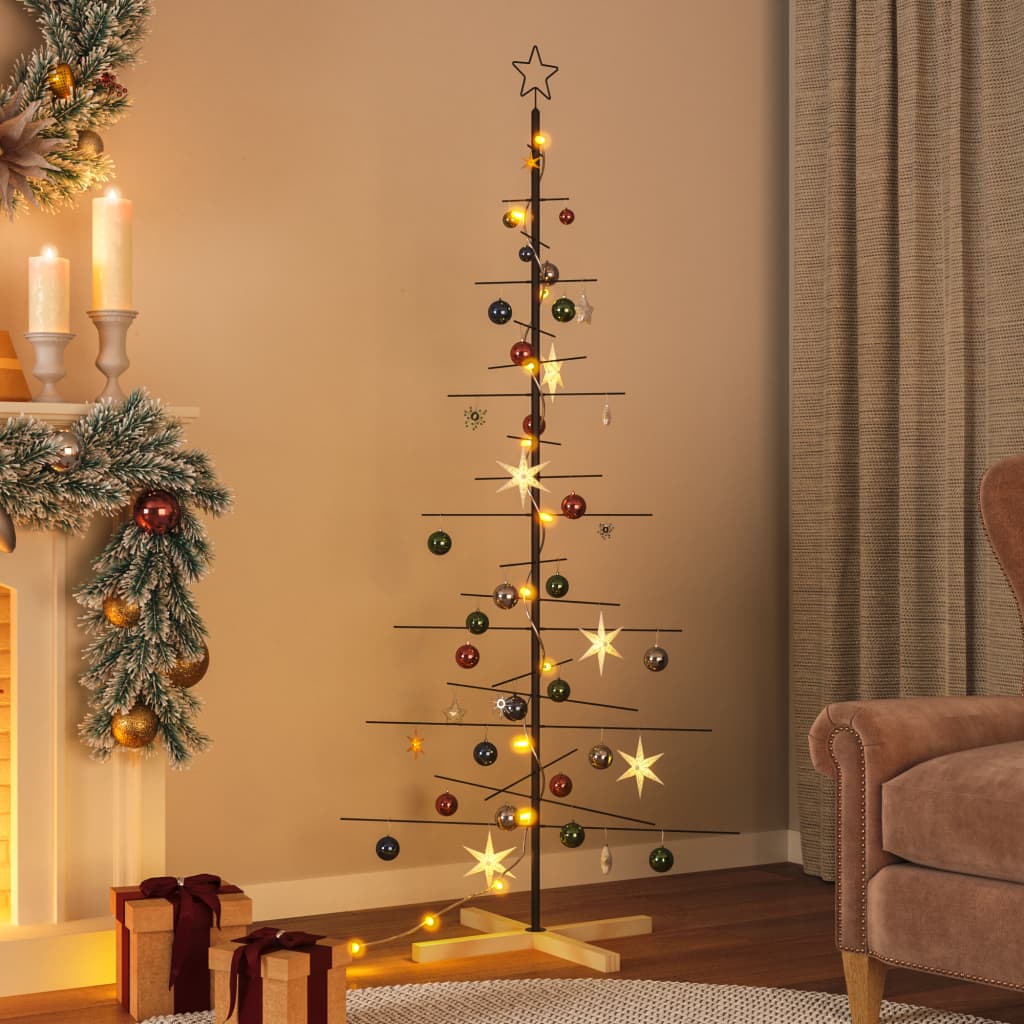 Kerstdecoratie kerstboom met houten basis 180 cm metaal zwart - AllerleiShop