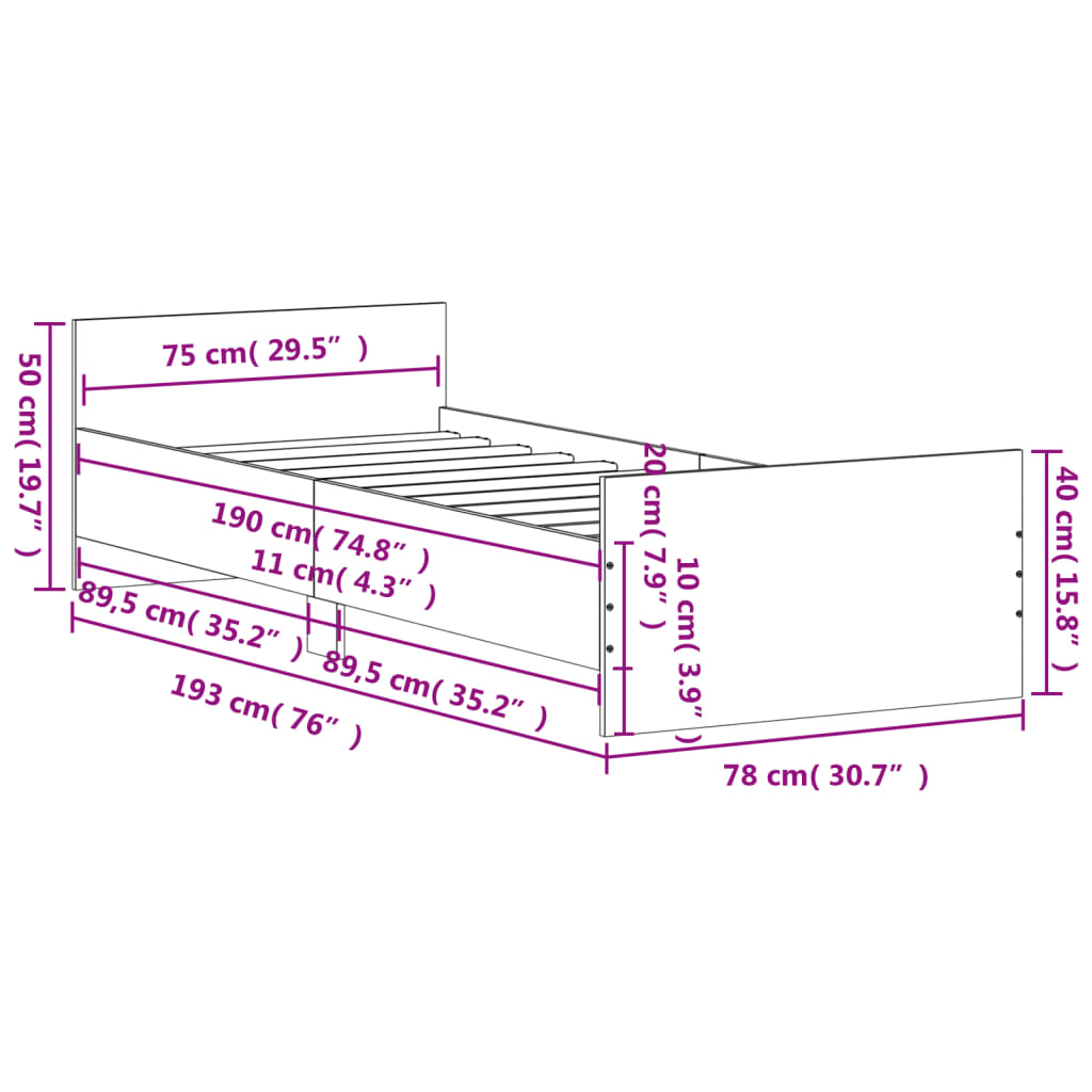 Bedframe zonder matras hout sonoma eikenkleurig 75x190 cm