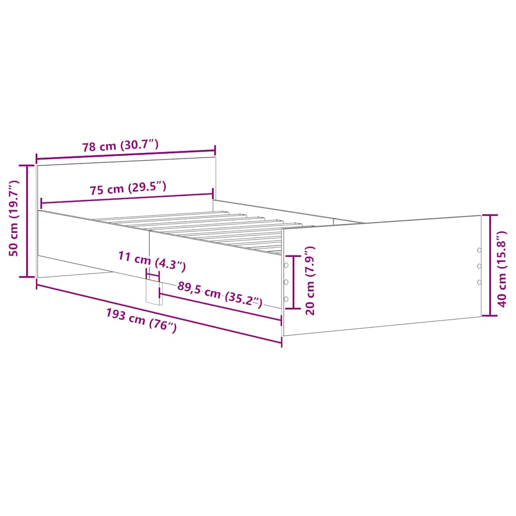 Bedframe zonder matras hout sonoma eikenkleurig 75x190 cm
