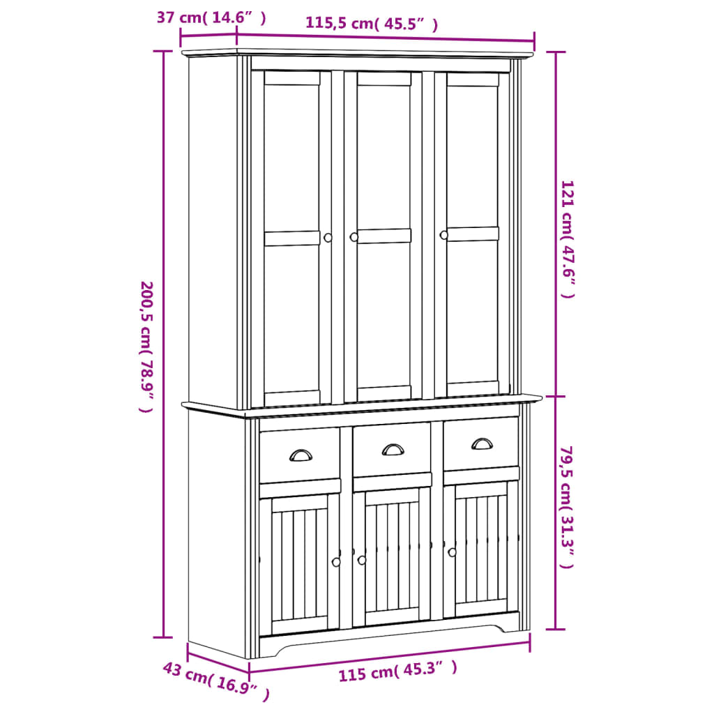 Hoge kast BODO 115,5x43x200,5 cm massief grenenhout wit - AllerleiShop