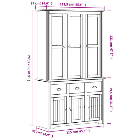 Hoge kast BODO 115,5x43x200,5 cm massief grenenhout wit - AllerleiShop