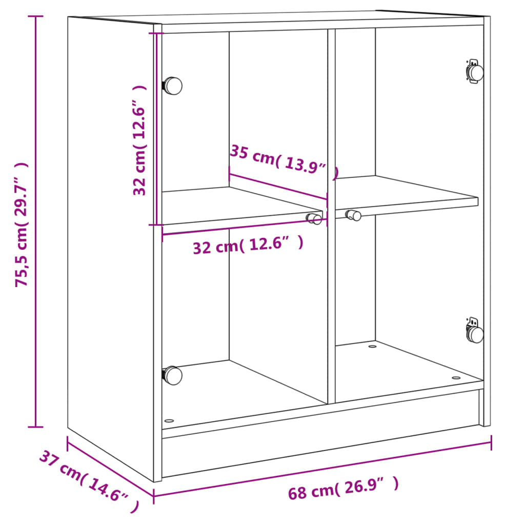 Bijzetkast met glazen deuren 68x37x75,5 cm wit