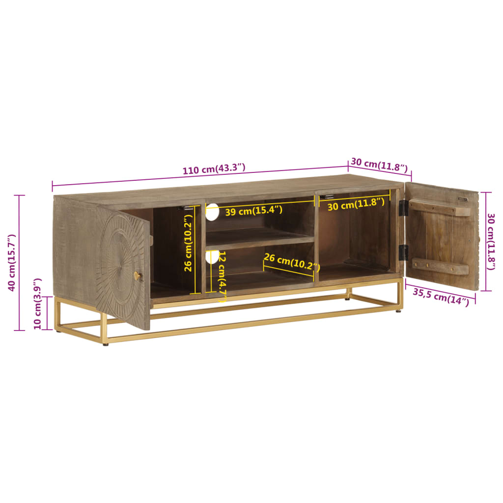 Tv-meubel 110x30x40 cm massief ruw mangohout en ijzer