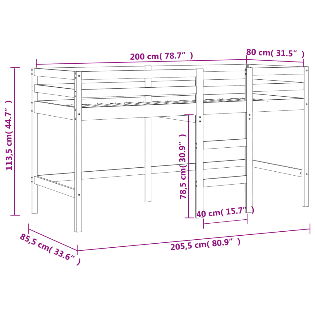 Kinderhoogslaper met ladder 80x200 cm massief grenenhout zwart