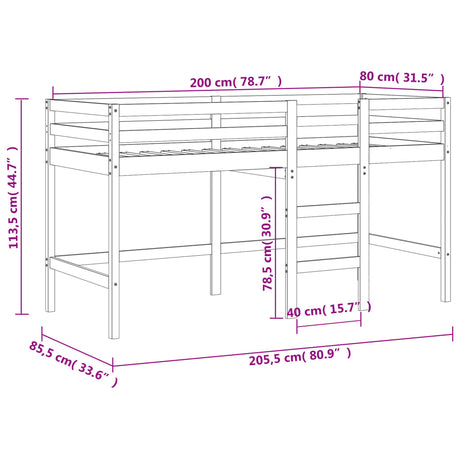 Kinderhoogslaper met ladder 80x200 cm massief grenenhout zwart