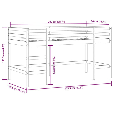 Kinderhoogslaper met ladder 90x200 cm massief grenenhout zwart