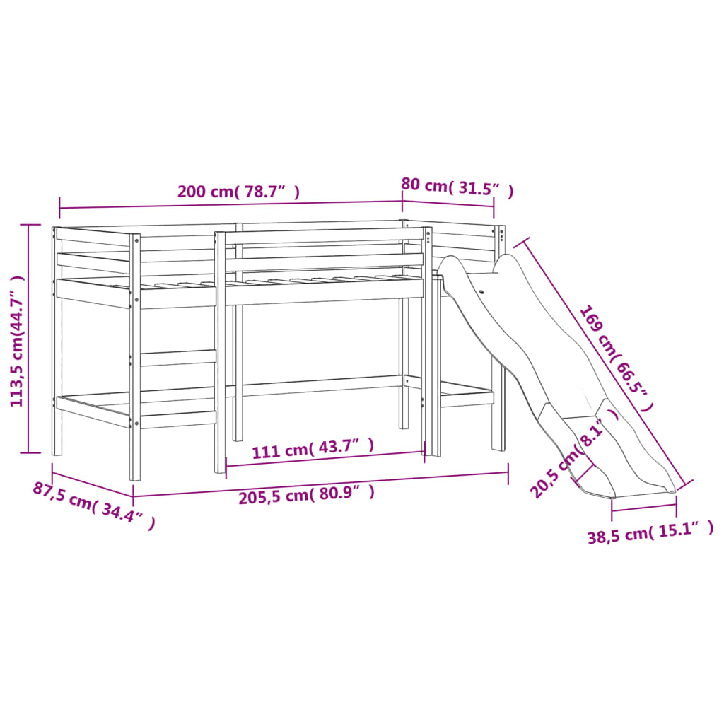 Kinderhoogslaper met glijbaan massief grenenhout wit 80x200 cm