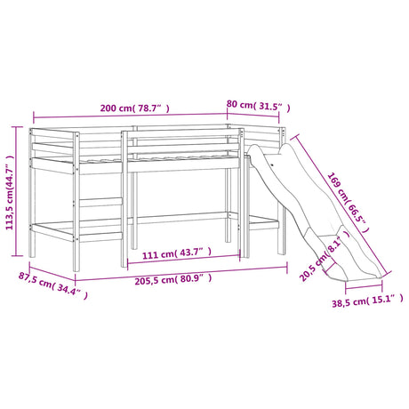Kinderhoogslaper met glijbaan massief grenenhout wit 80x200 cm