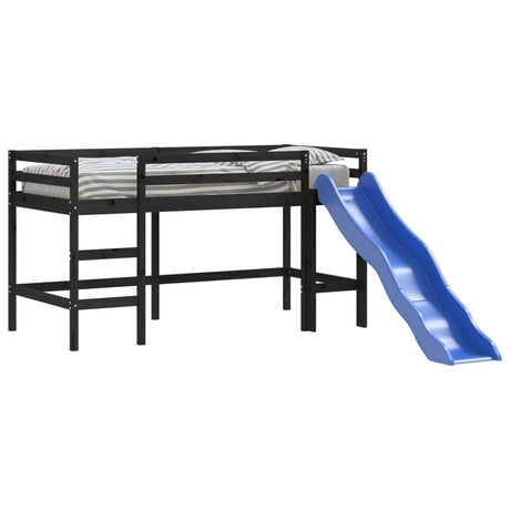 Kinderhoogslaper met glijbaan grenenhout zwart 90x200 cm