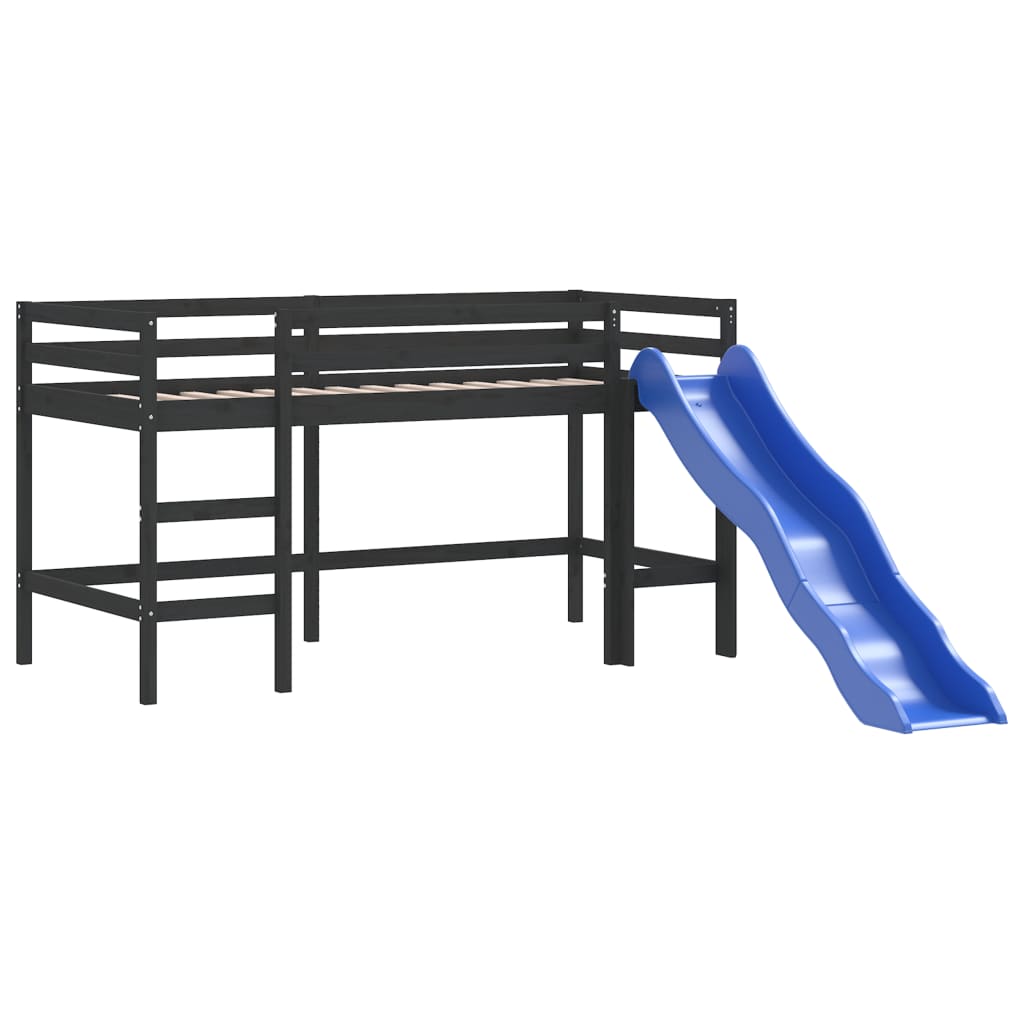 Kinderhoogslaper met glijbaan grenenhout zwart 90x200 cm