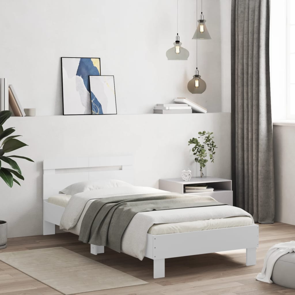 Bedframe met hoofdbord bewerkt hout wit 100x200 cm