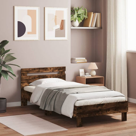 Bedframe met hoofdeinde bewerkt hout gerookt eiken 90x200 cm