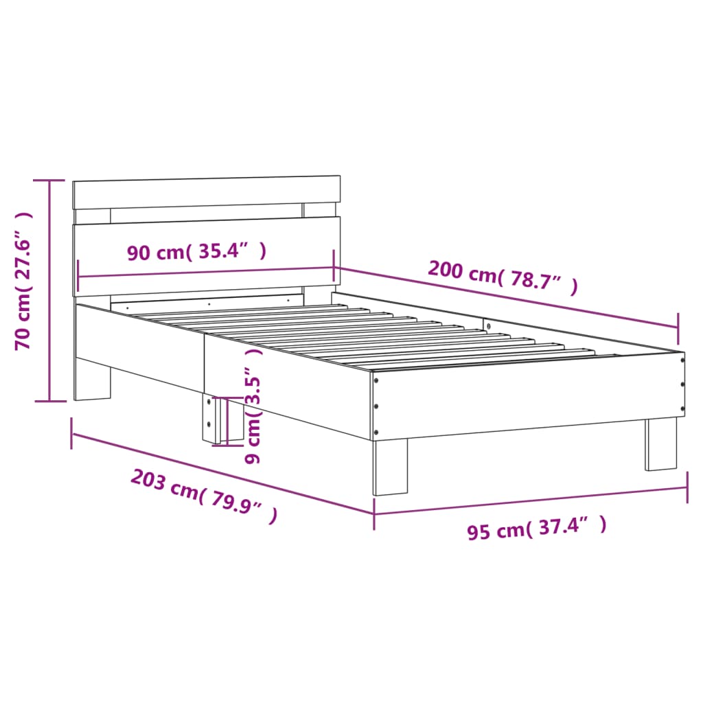 Bedframe met hoofdeinde bewerkt hout gerookt eiken 90x200 cm