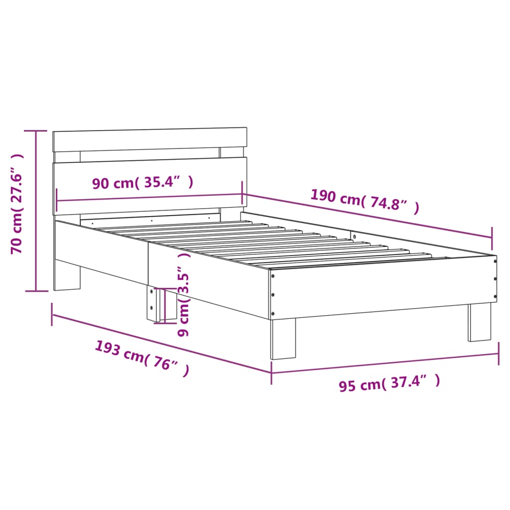 Bedframe met hoofdeinde bewerkt hout zwart 90x190 cm