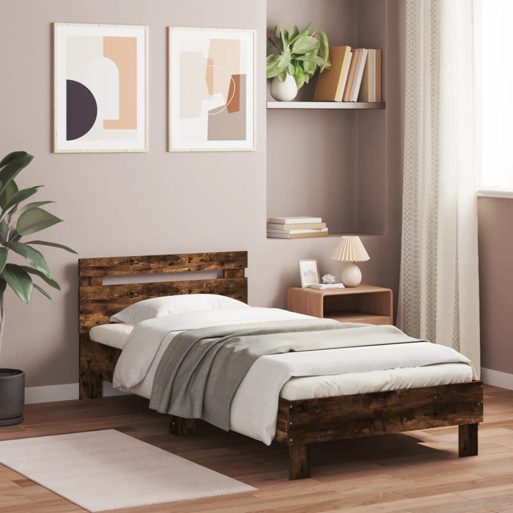 Bedframe met hoofdeinde bewerkt hout gerookt eiken 90x190 cm