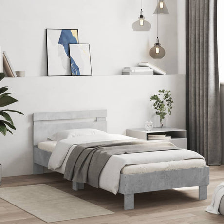 Bedframe met hoofdbord bewerkt hout betongrijs 75x190 cm