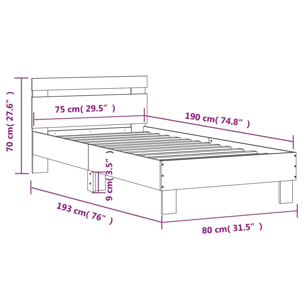 Bedframe met hoofdbord bewerkt hout gerookt eiken 75x190 cm