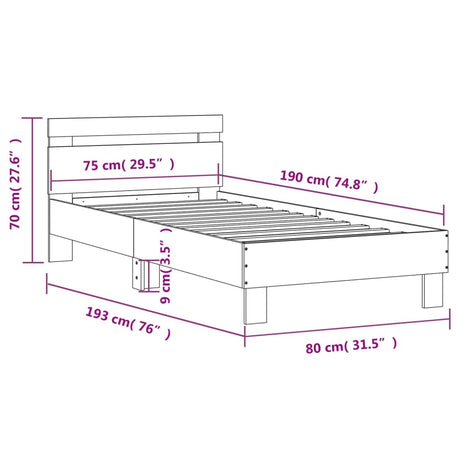 Bedframe met hoofdbord bewerkt hout gerookt eiken 75x190 cm