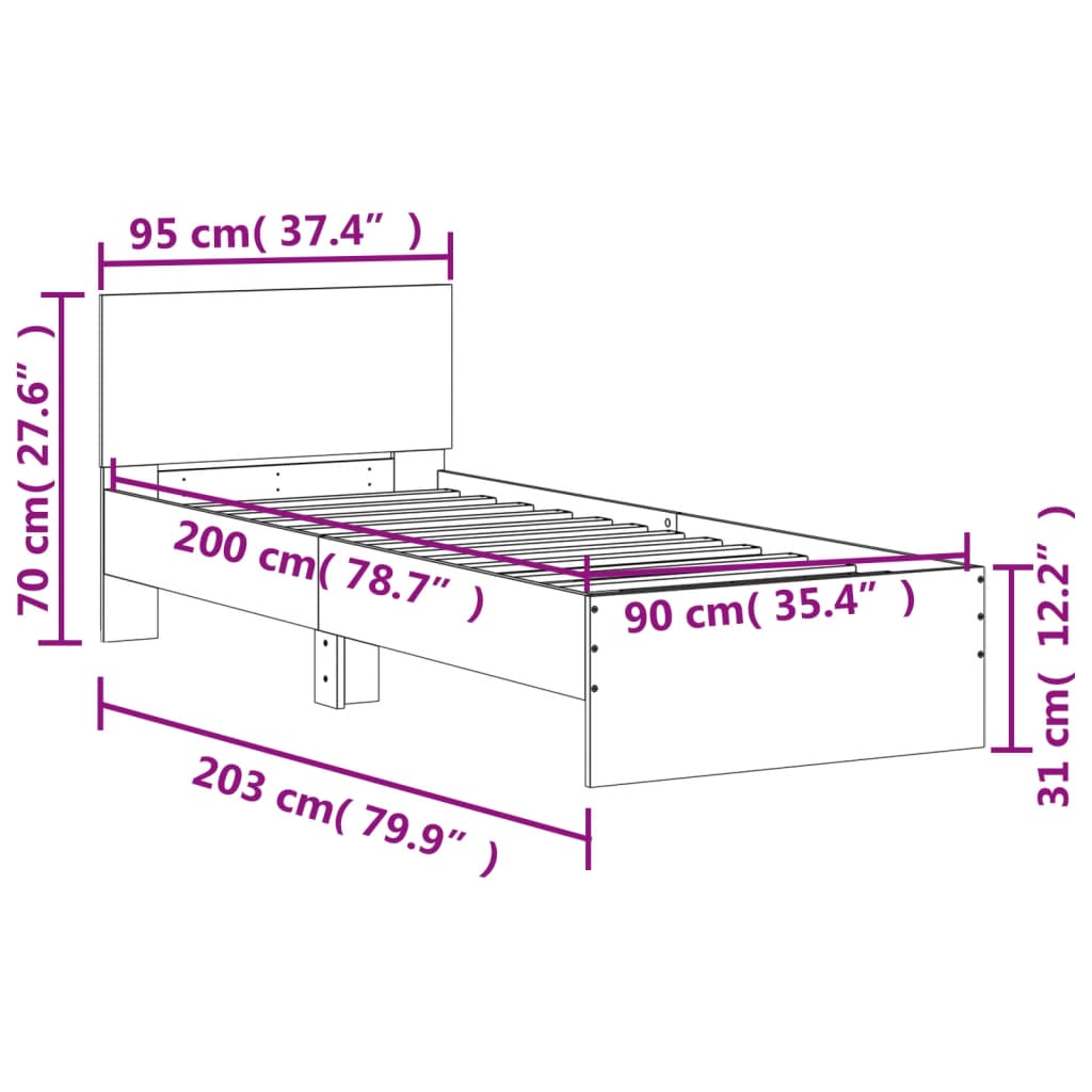 Bedframe met hoofdbord bewerkt hout wit 90x200 cm