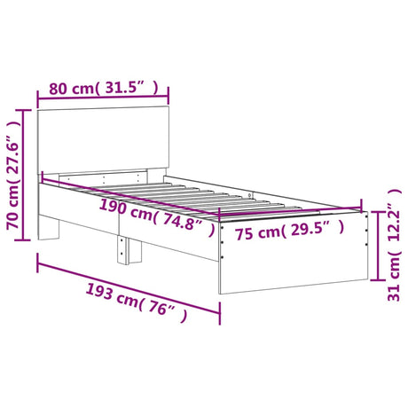 Bedframe met hoofdbord bewerkt hout betongrijs 75x190 cm