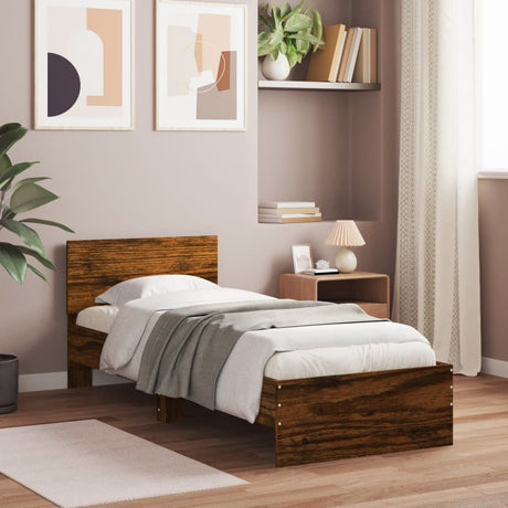 Bedframe met hoofdbord bewerkt hout gerookt eiken 75x190 cm