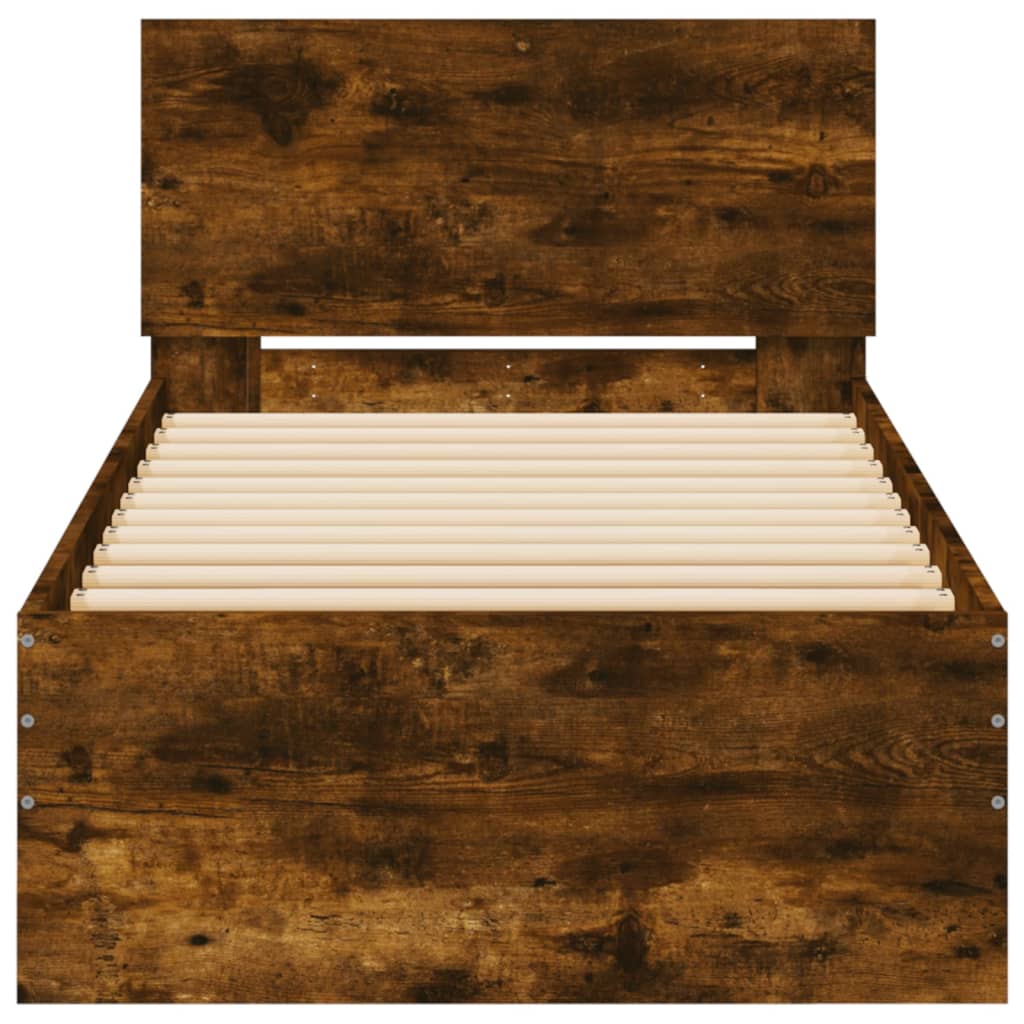 Bedframe met hoofdbord bewerkt hout gerookt eiken 75x190 cm