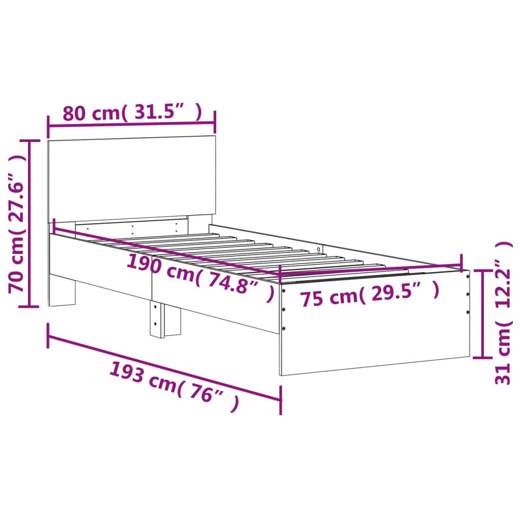Bedframe met hoofdbord bewerkt hout gerookt eiken 75x190 cm