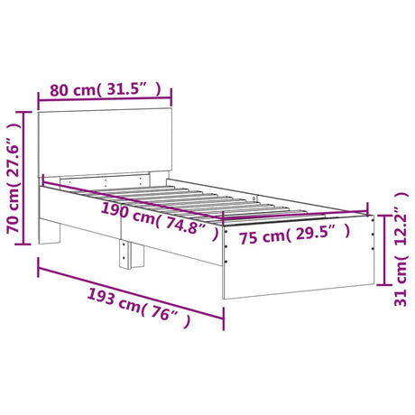 Bedframe met hoofdbord bewerkt hout gerookt eiken 75x190 cm