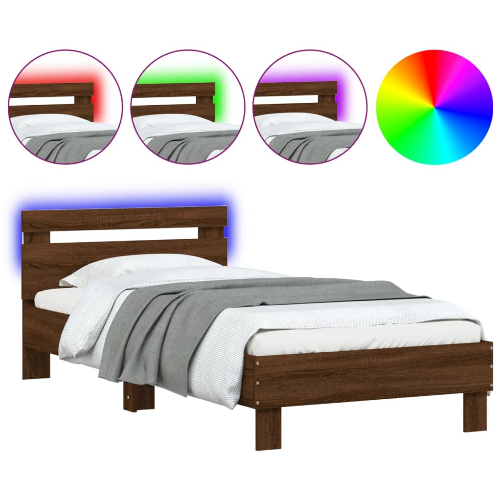 Bedframe met hoofdbord en LED bruin eikenkleur 90x200 cm