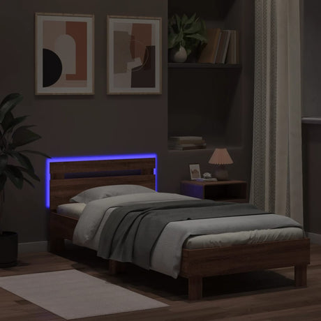 Bedframe met hoofdbord en LED bruin eikenkleur 90x200 cm