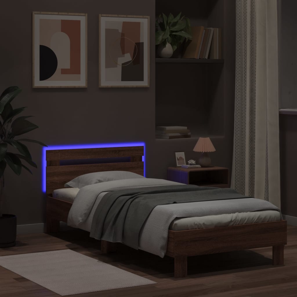Bedframe met hoofdbord en LED bruin eikenkleur 90x190 cm