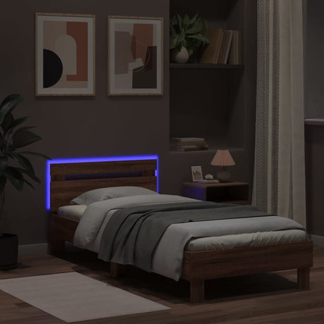 Bedframe met hoofdbord en LED bruin eikenkleur 90x190 cm