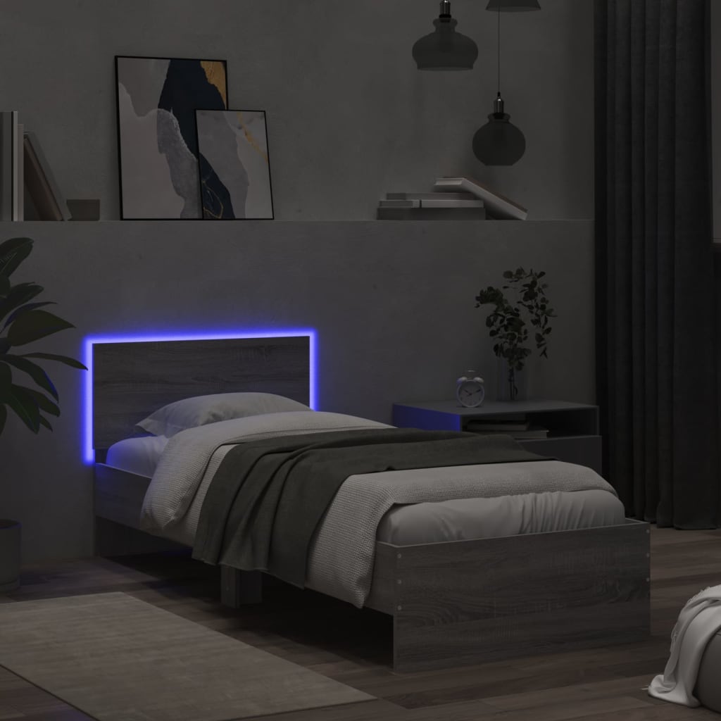 Bedframe met hoofdbord en LED grijs sonoma eikenkleur 90x200 cm