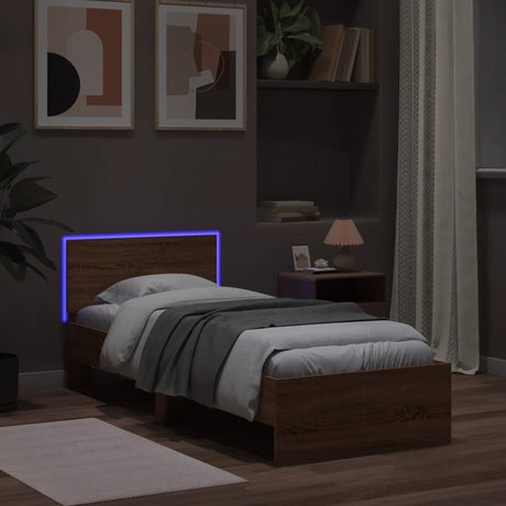 Bedframe met hoofdbord en LED bruin eikenkleur 90x200 cm