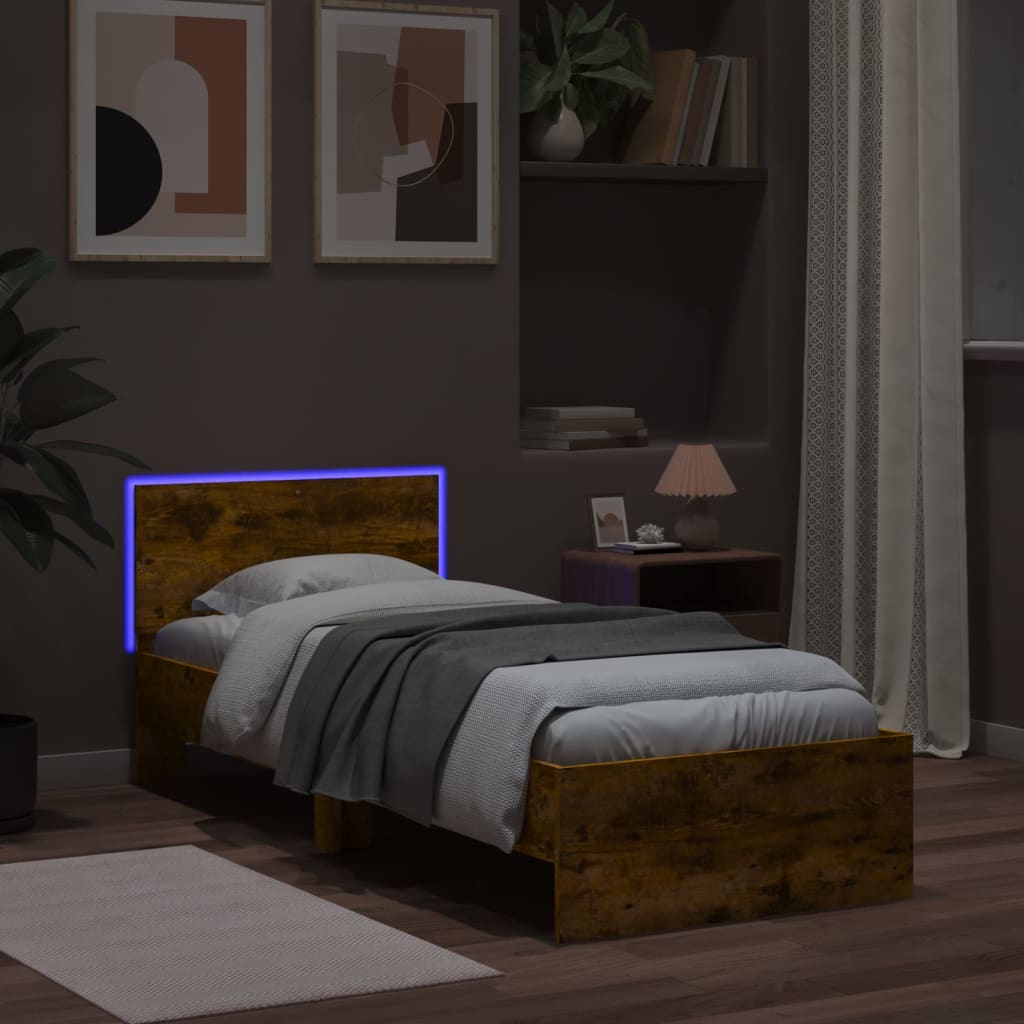 Bedframe met hoofdbord en LED gerookt eikenkleurig 90x190 cm