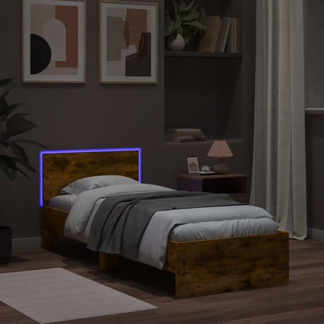 Bedframe met hoofdbord en LED gerookt eikenkleurig 90x190 cm