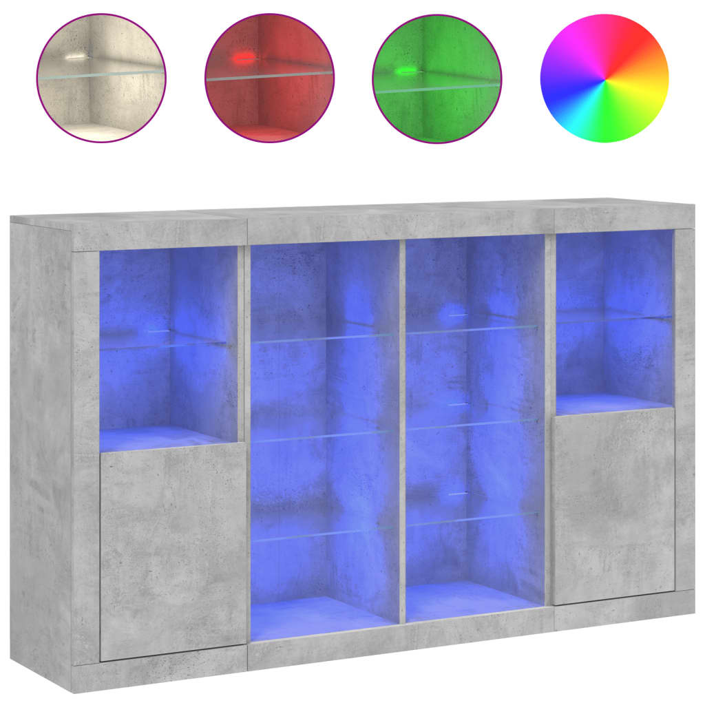 Dressoirs met LED-verlichting 3 st bewerkt hout betongrijs - AllerleiShop