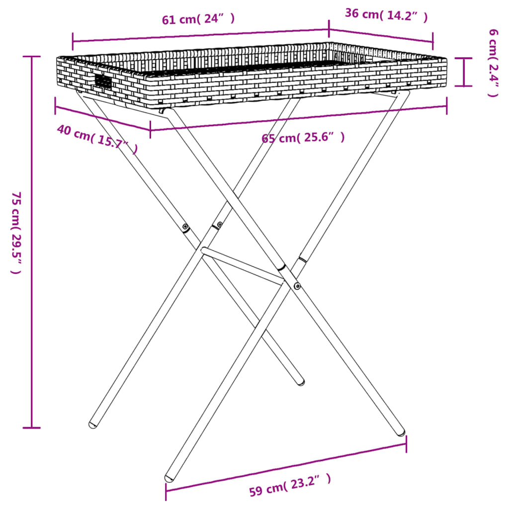 Dienbladtafel inklapbaar 65x40x75 cm poly rattan zwart - AllerleiShop