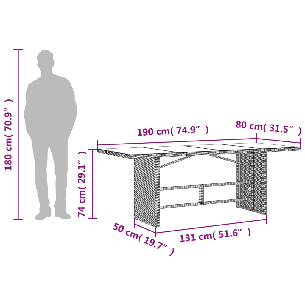 Tuintafel met glazen blad 190x80x74 cm poly rattan zwart - AllerleiShop