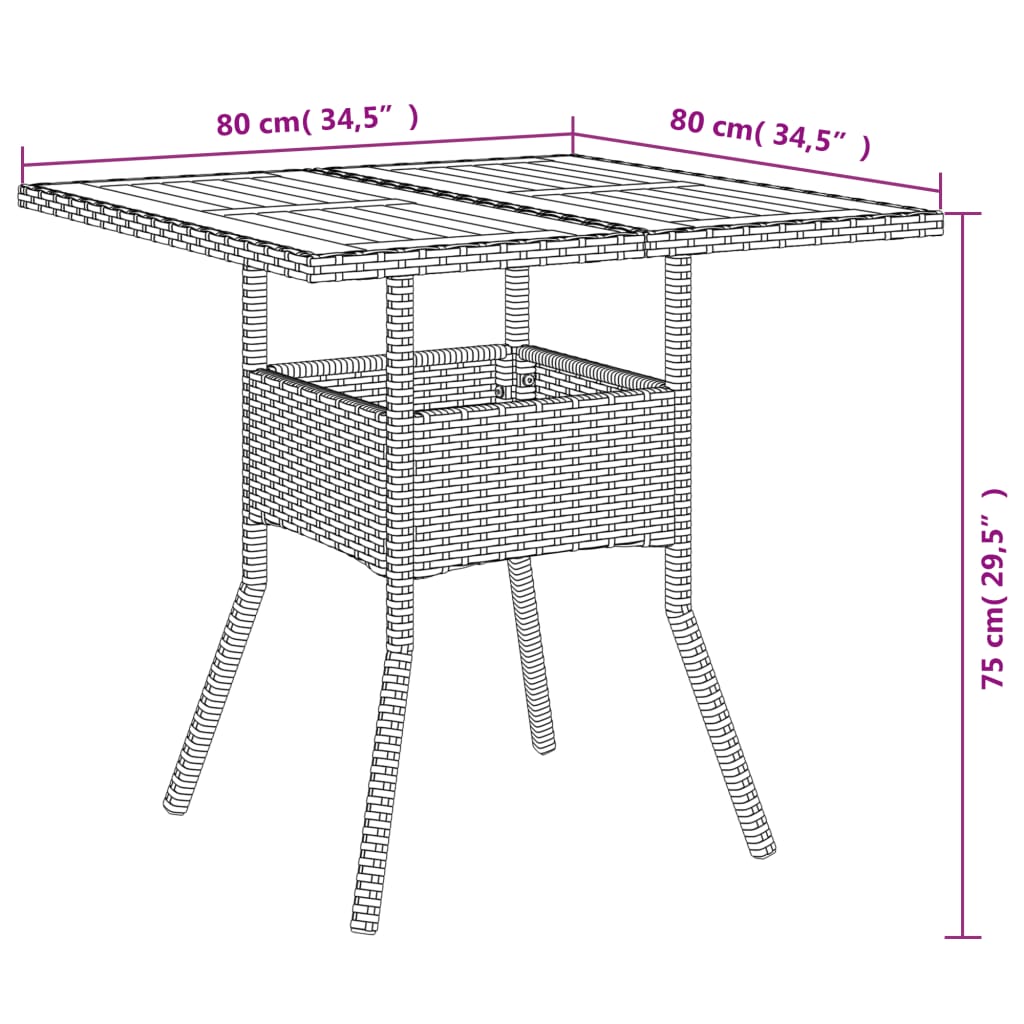 Tuintafel met acaciahouten blad 80x80x75 cm poly rattan zwart - AllerleiShop