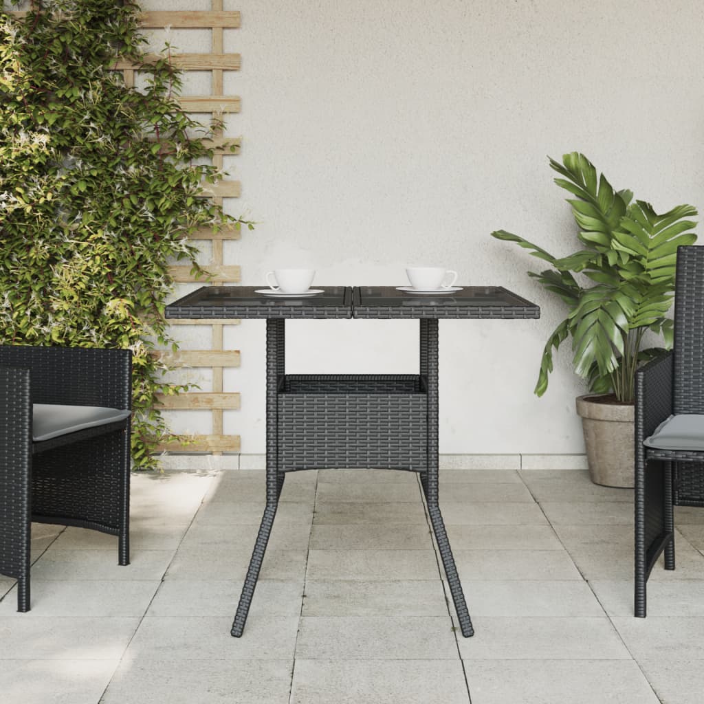 Tuintafel met glazen blad 80x80x75 cm poly rattan zwart - AllerleiShop