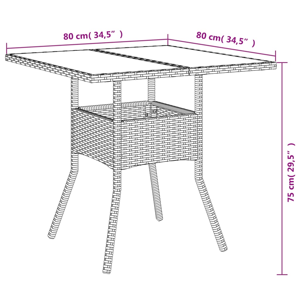 Tuintafel met glazen blad 80x80x75 cm poly rattan zwart - AllerleiShop