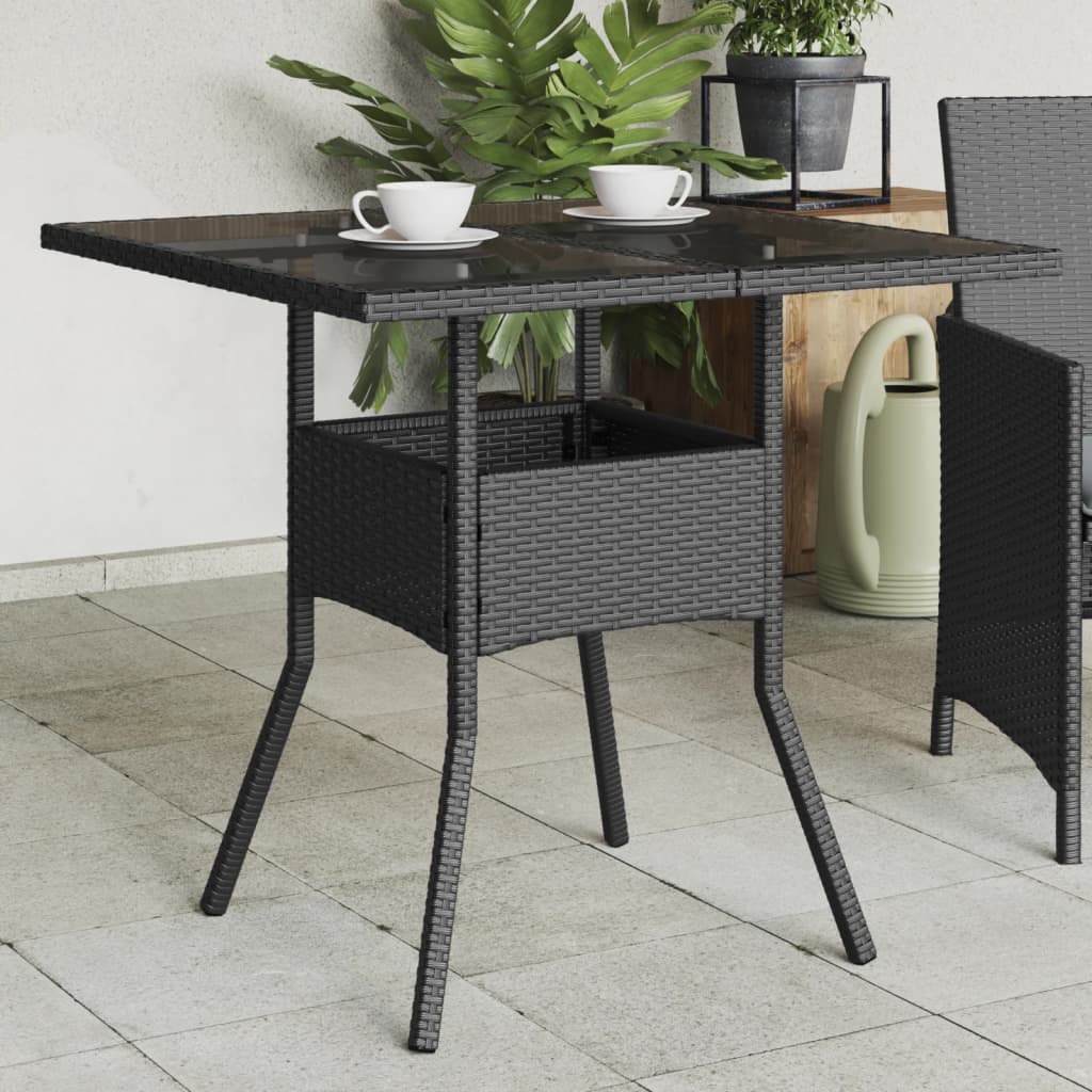 Tuintafel met glazen blad 80x80x75 cm poly rattan zwart - AllerleiShop