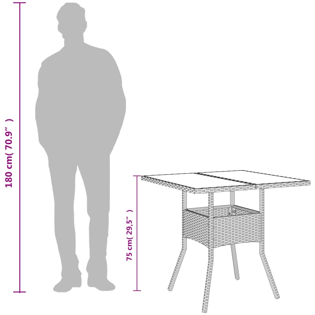 Tuintafel met glazen blad 80x80x75 cm poly rattan grijs - AllerleiShop